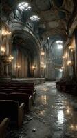Abandoned theater interior reveals elegance in decay with grand architecture illuminated by soft light photo