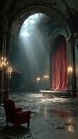 Abandoned theater with red curtains illuminated by sunlight in a derelict building interior photo