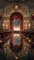 Elegant theater stage adorned with festive decorations and reflections, creating a magical atmosphere for a winter performance photo