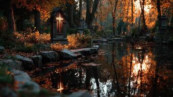 Autumn tranquility in a serene cemetery with sunset reflection by a peaceful pond photo