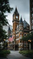 Historic building with vibrant architecture in city center displaying large flag and clock tower under overcast sky photo