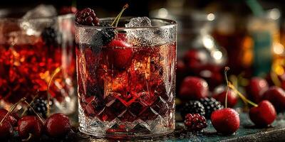 Refreshing summer cocktail with cherries and blackberries on a rustic wooden table photo