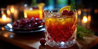 Elegant cocktail garnished with citrus and cherries in a cozy dimly lit setting during an evening gathering photo