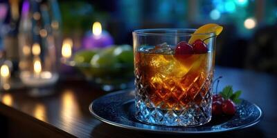 Exquisito cóctel servido con cerezas y naranja rebanada en un suavemente iluminado bar ajuste foto