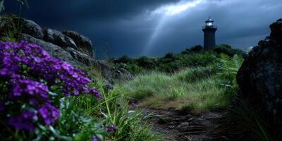 Dark clouds gather over a lighthouse with vibrant purple flowers along the pathway at dusk near the ocean photo