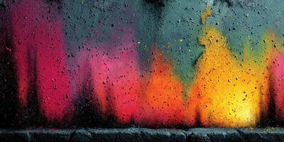 Vibrant abstract mural with bright colors and textured patterns at city street corner photo