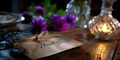 Elegant thank you card on wooden table with flowers and candlelight creating a warm atmosphere for a memorable occasion photo