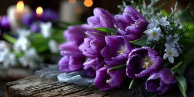 Beautiful bouquet of purple tulips and white flowers arranged gracefully on rustic wooden surface with soft candlelight in the background photo