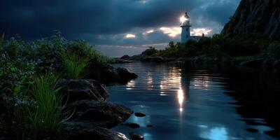 Lighthouse illuminated by sunset casting reflections over calm waters in a serene coastal landscape photo