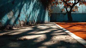 Autumn shadows cast across a secluded tennis court in the late afternoon sun at a tranquil park setting photo
