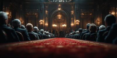 Audience seated in a grand hall for an important ceremony with ornate decor and dramatic lighting photo