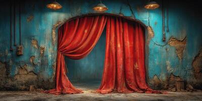 Vibrant red curtains frame a worn blue wall in a dimly lit historic performance space photo