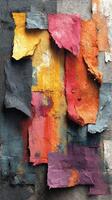 Unique abstract texture created from layered torn paper in vibrant colors and muted tones on a wall photo
