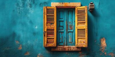 Colorful shutters on a rustic blue wall create a vibrant aesthetic in a charming village setting photo