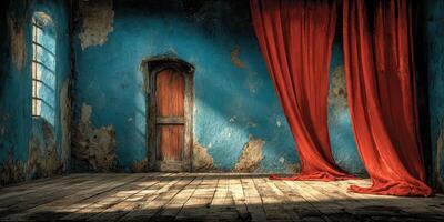 Old rustic room with cracked blue walls, a weathered door, and flowing red curtains, illuminated by natural light from the window photo