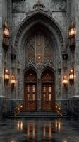 Intricate Gothic architecture of a historic building entrance at dusk reveals glowing lanterns and ornate details photo