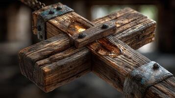 Wooden cross with amber resin detail displayed in an ancient church interior photo