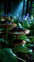Mushrooms thrive in a lush forest under soft sunlight during early morning hours showcasing nature's beauty photo