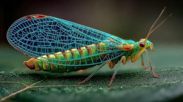 Colorful insect resting on a leaf in a lush environment during the daytime photo