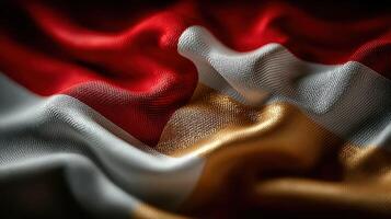 Waves of fabric showcase vibrant colors of red, white, and gold in an abstract arrangement photo