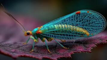 Vibrantly colored insect rests on a leaf showcasing intricate wings and body details in a lush environment photo