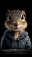 Cute squirrel wearing a hoodie poses with a charming smile against a dark background photo
