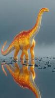 Large dinosaur stands in calm water during a misty morning, reflecting orange hues on the surface photo