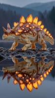 Stegosaurus walking along a rocky riverbank during twilight, reflecting in the calm water photo