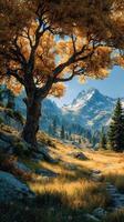 Majestic autumn landscape with golden leaves and mountains under clear blue sky photo