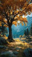Vibrant autumn landscape with a golden tree beside a serene lake surrounded by mountains at twilight photo