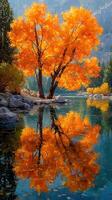 Autumn trees reflect in serene lake during golden hour near the mountains in vibrant colors photo