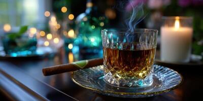 Cozy evening with a glass of whiskey and a cigar in a softly lit setting photo