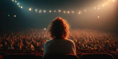 Audience captivated during a performance in a dimly lit theater with soft lighting in the background photo