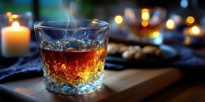 Relaxing evening with a glass of whiskey, cozy ambiance, warm glow from candles, and a plate of snacks nearby photo