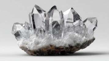 Natural crystal cluster with clear points sitting on a mineral base in a minimalistic setting showcasing beauty and organic formations photo