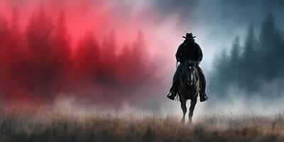 Mysterious cowboy rides through fog in a dramatic landscape at twilight photo