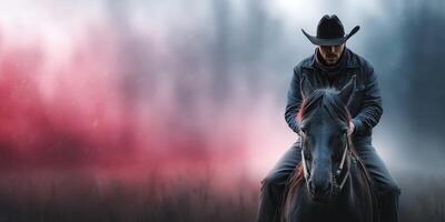 Cowboy riding black horse in misty forest with dramatic lighting at dusk photo