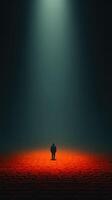 Performer stands alone on a vibrant red stage beneath a bright spotlight in an empty auditorium at night photo