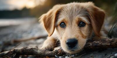 Puppy lounging on a beach during sunset surrounded by driftwood and pebbles photo