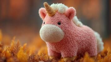 Cute pink unicorn toy on soft grass in a vibrant autumn forest during the golden hour photo
