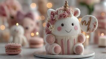 Charming unicorn cupcake with floral decorations and pastel colors celebrates a special occasion at a dessert table photo