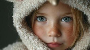 Young child with blue eyes wearing fluffy hoodie, showcasing natural beauty and innocence in a cozy indoor setting photo