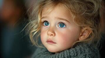Beautiful young girl with striking blue eyes gazing thoughtfully during a cozy indoor gathering photo