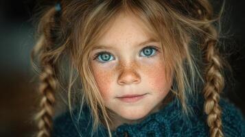 Child with bright blue eyes and freckles gazes directly, showcasing innocence and charm, natural light enhances warmth and detail in the expression photo