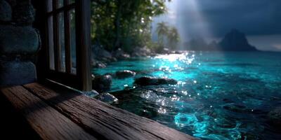 Tranquil ocean view from an open window on a stormy day capturing the beauty of nature and light reflections photo