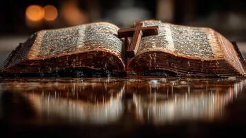 Open Bible resting on a reflective surface illuminated by warm light, with a wooden cross placed on its pages photo