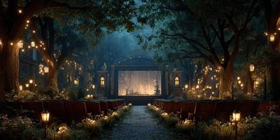 Outdoor theater surrounded by twinkling lights and trees at night in a serene garden setting photo