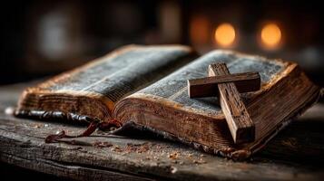 Bible resting on a wooden table with a simple cross beside it in a dimly lit setting photo