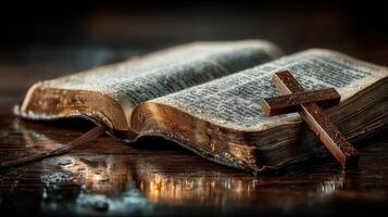 Open sacred book with aged pages and wooden cross resting beside it on a wooden table photo