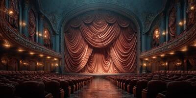 Majestic theater interior showcasing a grand stage with rich red curtains and elegant seating photo